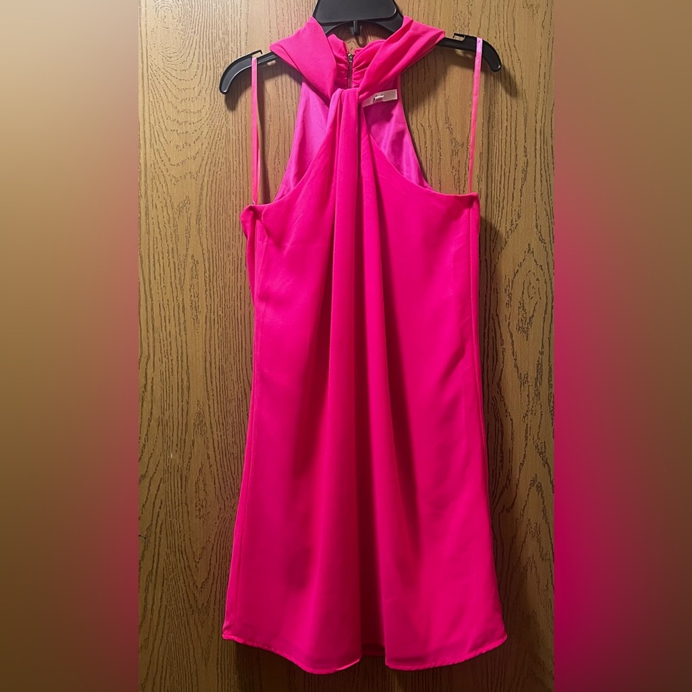 Twist-Neck Mini Dress in Bright Pink - Picture 2 of 8